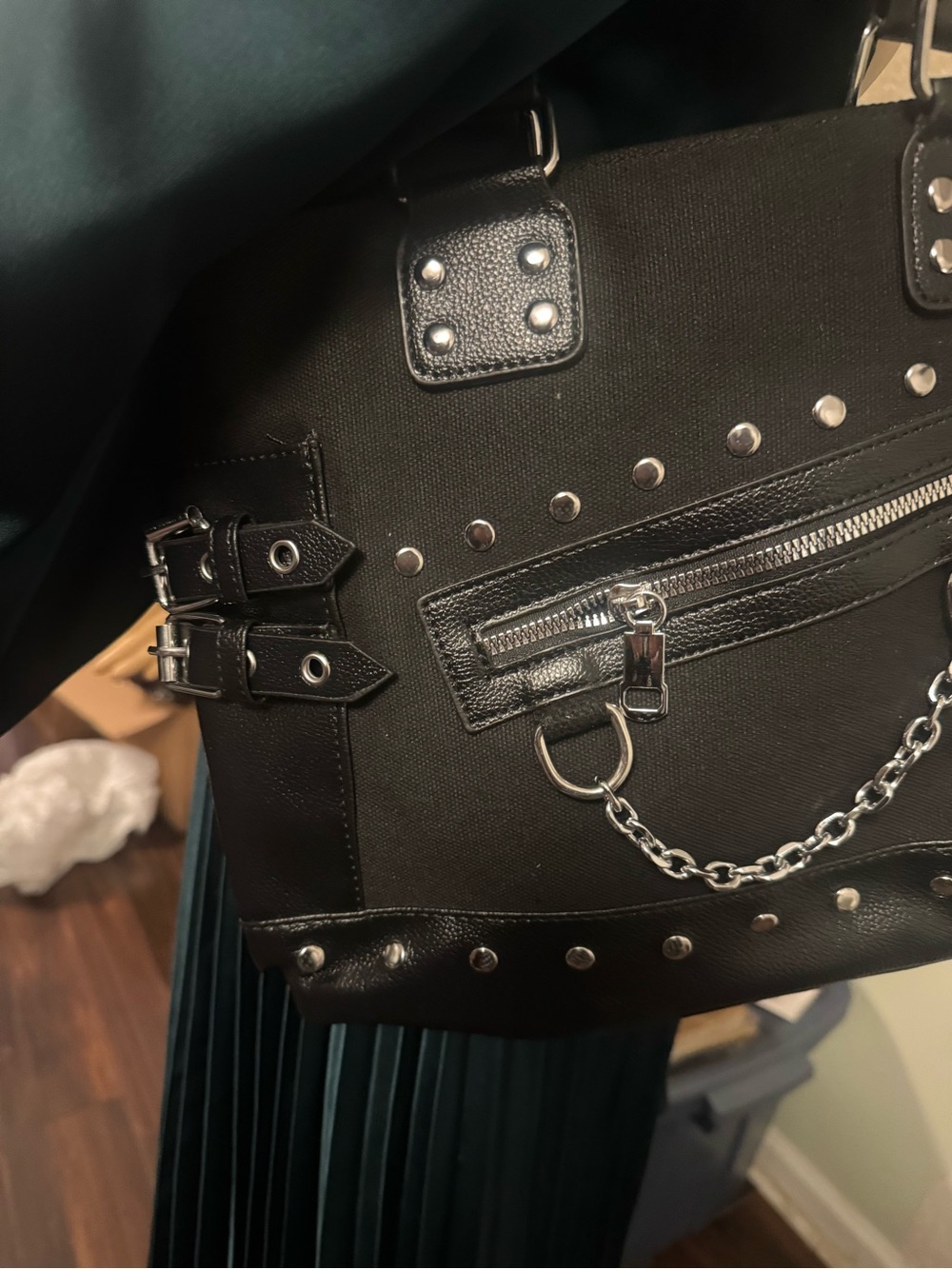 Black Studded Canvas Tote with Chain Accent - Picture 2 of 6